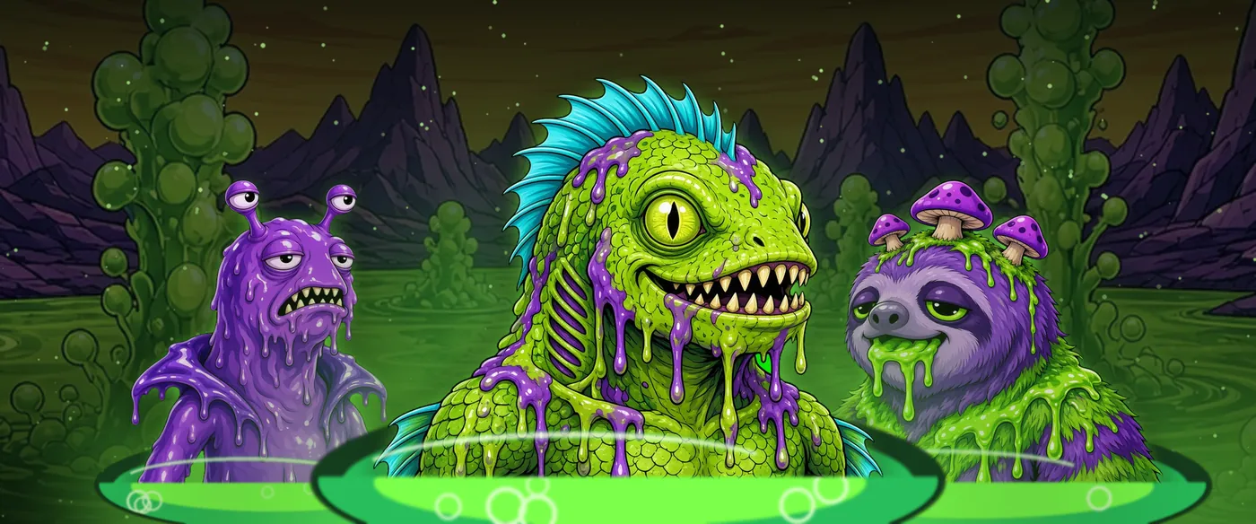 Three Oozlings rising from glowing green goo craters in a dark alien swamp